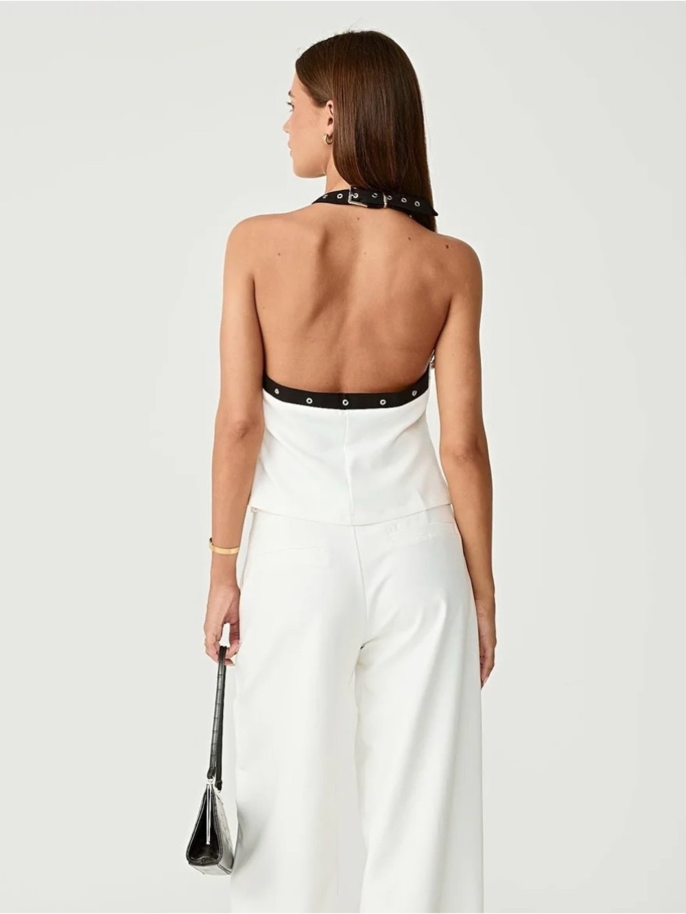 White Halter Eyelet-Trim Backless Top by Charcoal
